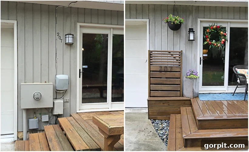 DIY Outdoor Electrical Box Enclosure 11 image showing exposed electrical and other utility boxes on house beside an image showing the same view after an outdoor electrical box cover was installed to hide the utility boxes