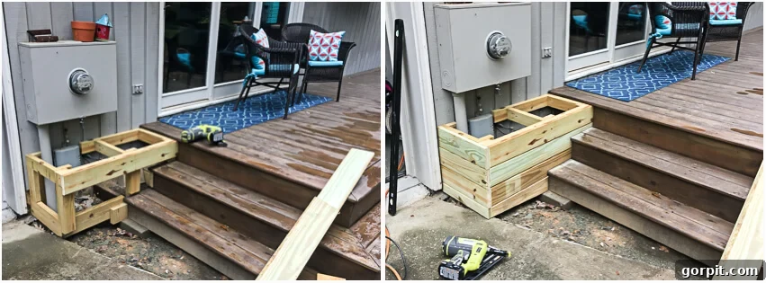DIY Outdoor Electrical Box Enclosure 4 2 photos showing building base of diy utility box cover with lumber