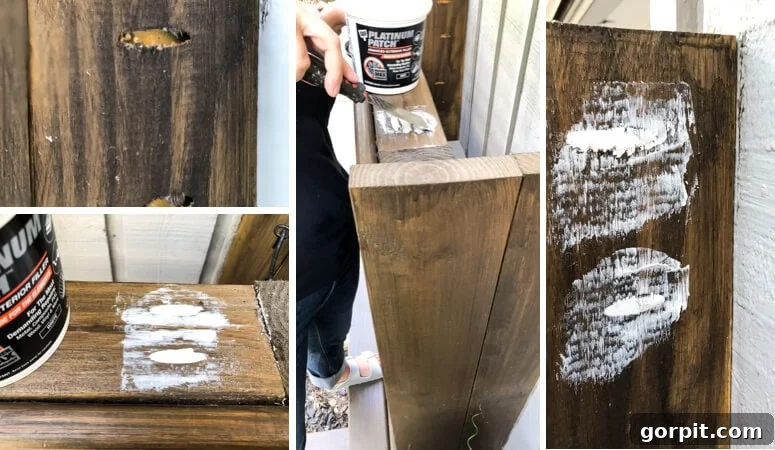 DIY Outdoor Electrical Box Enclosure 10 collage showing multiple images of using DAP Platinum Patch to fill holes in exterior wood stained medium brown