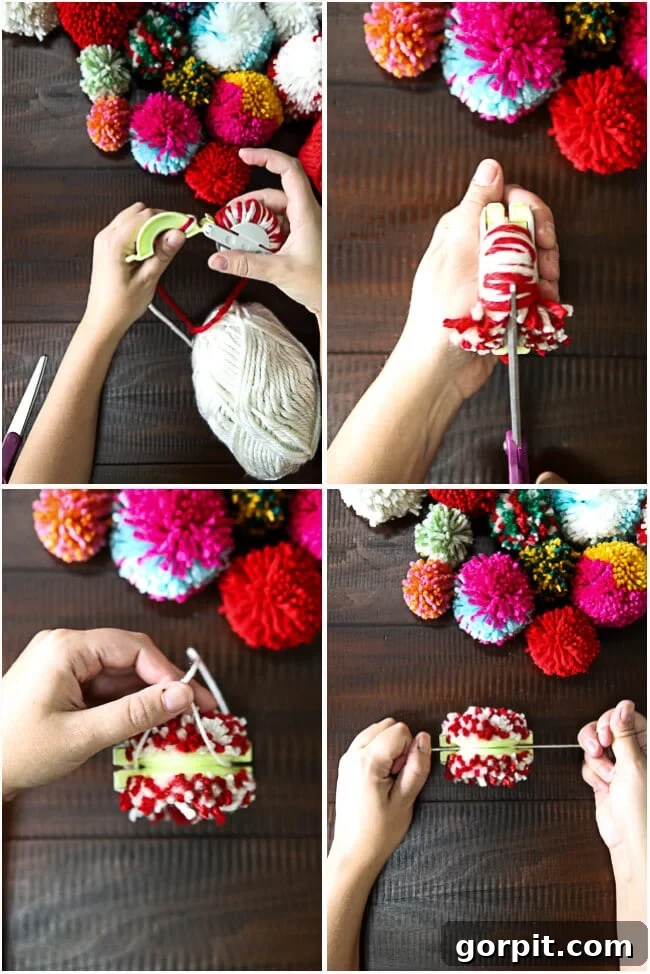 Close-up of hands making DIY pom poms with yarn