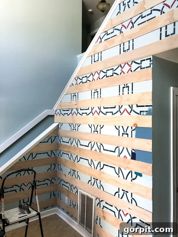 Ongoing modern plank wall installation process