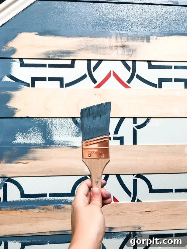 Painting modern plank wall with Behr Color of the Year Blueprint S470-5