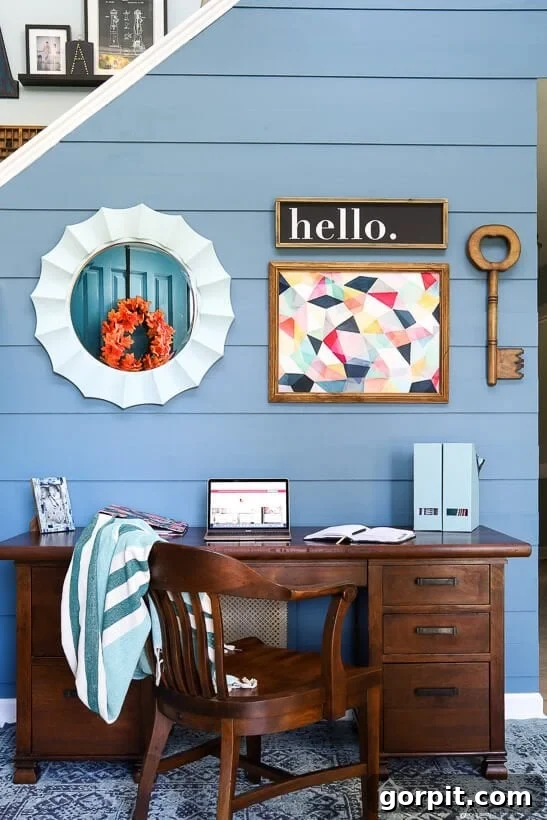 Modern DIY Plank Wall in Foyer with Desk - Full View