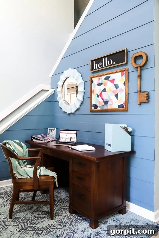 Close-up of Modern DIY Plank Wall and Desk Area