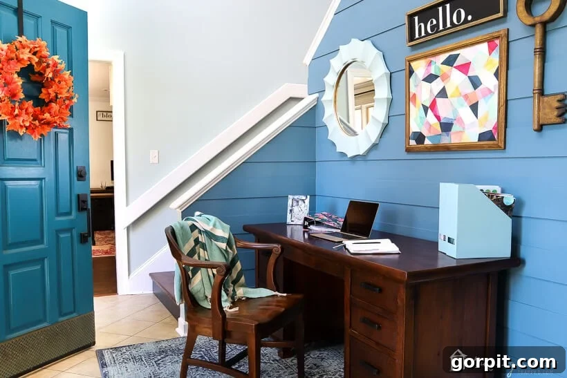 Wide Shot of Modern DIY Plank Wall in Foyer