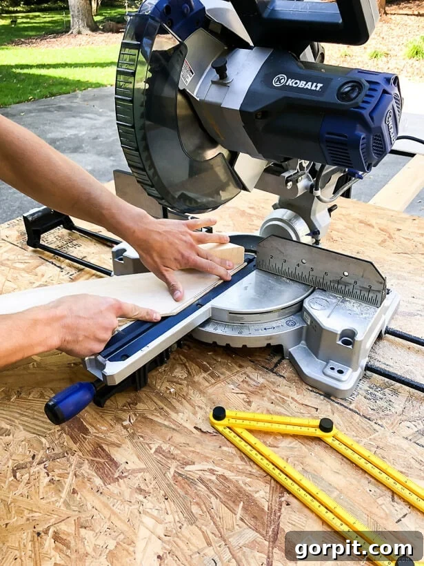 Cutting plywood plank to length and angles with a compound miter saw