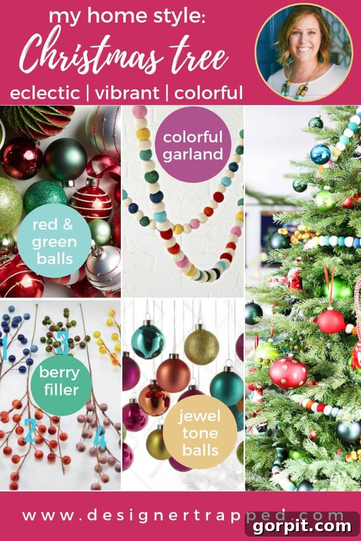 A Kaleidoscope Christmas 2 A stunning, vibrant and eclectic Christmas tree adorned with colorful ornaments, felt ball garlands, and berry picks, set in a cozy living room.
