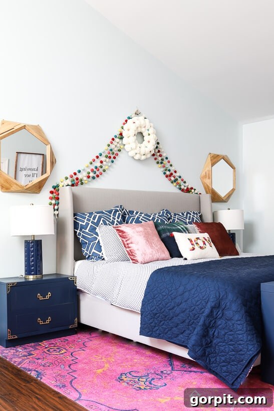 colorful Christmas decor in bedroom