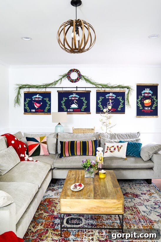 colorful living room Christmas decor