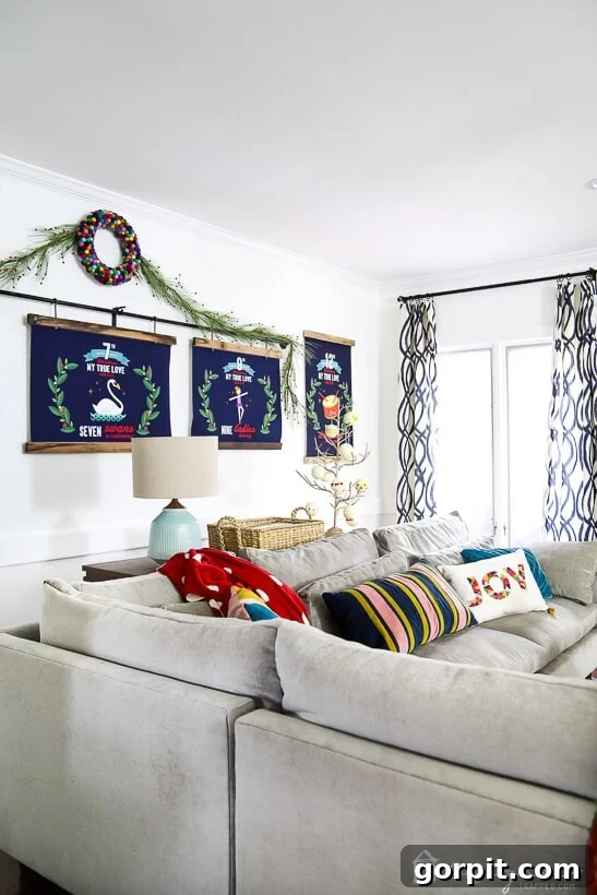 colorful Christmas decor in living room
