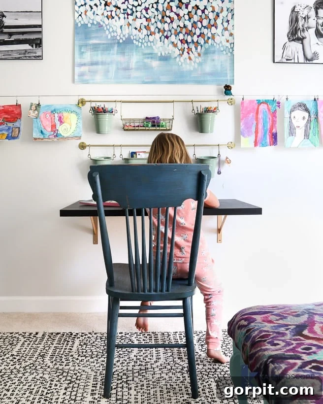 close-up of the finished DIY floating desk by Tasha Agruso of Kaleidoscope Living, highlighting its clean lines and minimalist design