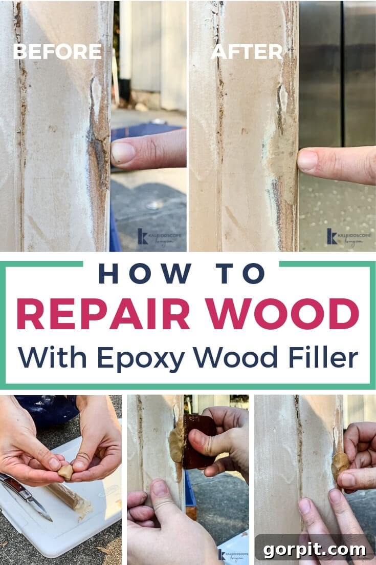 A split photo illustrating before and after wood repair with epoxy wood filler. One side shows damaged wood needing repair, the other shows the smooth, repaired surface. Bottom images depict hands applying and smoothing the filler. The central text reads, 'How to Repair Wood with Epoxy Wood Filler.'