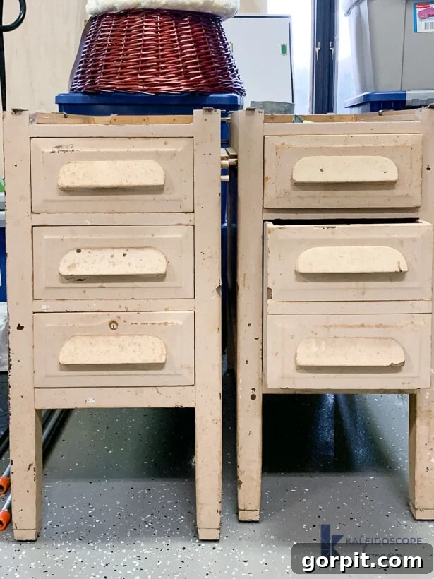 Two damaged wood nightstands, one topped with an upside-down wicker basket. The image features the 'KaleidoscopeLiving.com' watermark and a 'K' logo in the lower right corner, showcasing furniture pieces in need of repair.