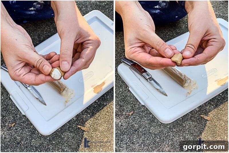 Two photos showing hands kneading epoxy wood filler on a storage bin lid, alongside a pocketknife and a tube of Mohawk epoxy, illustrating the mixing process.