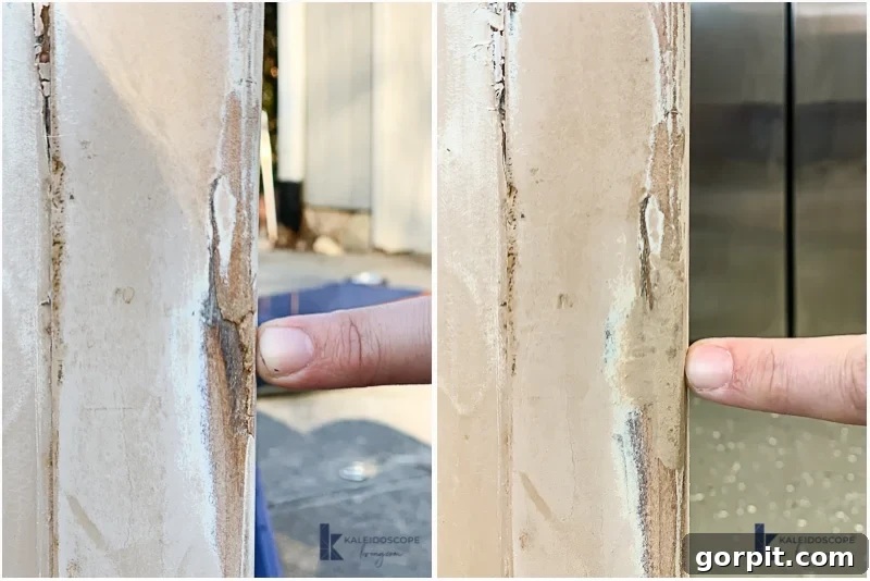 Two side-by-side photos illustrating a before and after wood repair. The left photo shows a finger pointing at damaged wood, while the right photo shows the same finger pointing at the flawlessly repaired area using epoxy wood filler. Both photos feature the website 'KaleidoscopeLiving.com' and a 'K' logo in the lower right corner.