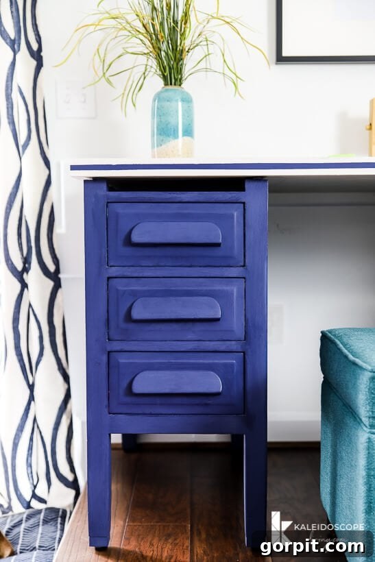 Chalk Paint Furniture Makeovers Step by Step 11 Desk painted with Behr Chalk Decorative Paint in Timeless Blue, showcasing the beautiful and durable finish.