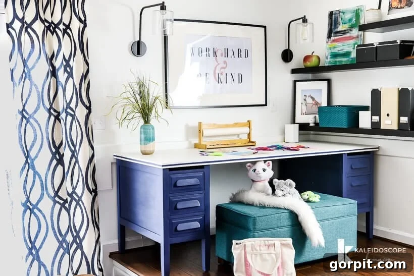 Chalk Paint Furniture Makeovers Step by Step 12 Close-up of the desk painted with Behr Chalk Decorative Paint in Timeless Blue, highlighting the smooth matte finish.