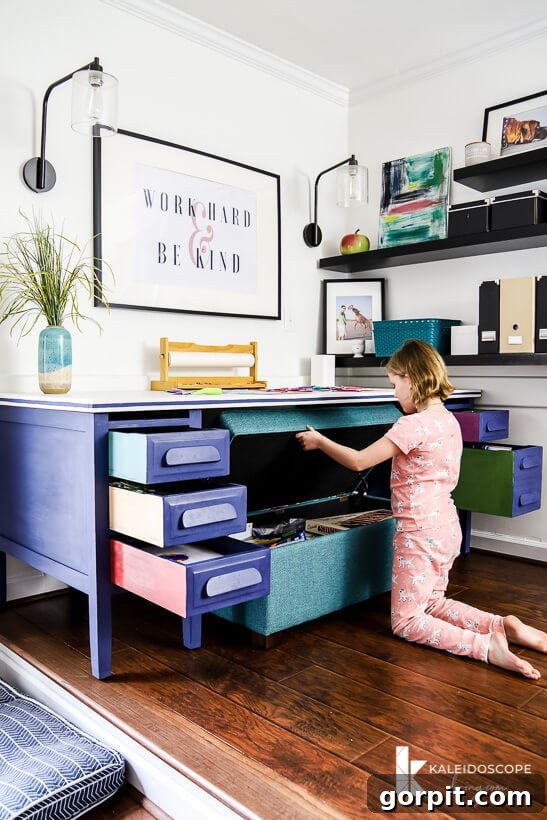 Chalk Paint Furniture Makeovers Step by Step 13 Another angle of the beautifully painted desk with Behr Chalk Decorative Paint in Timeless Blue, showing its new life.