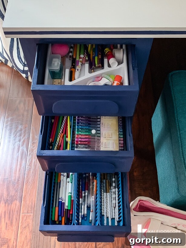 Chalk Paint Furniture Makeovers Step by Step 14 Desk painted with Behr chalk paint in timeless blue, featuring organized drawers perfect for an art station.