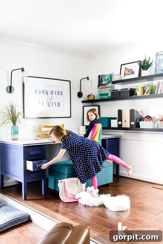 Chalk Paint Furniture Makeovers Step by Step 15 Girls happily using the new desk painted with Behr Chalk Decorative Paint in Timeless Blue for their art activities.