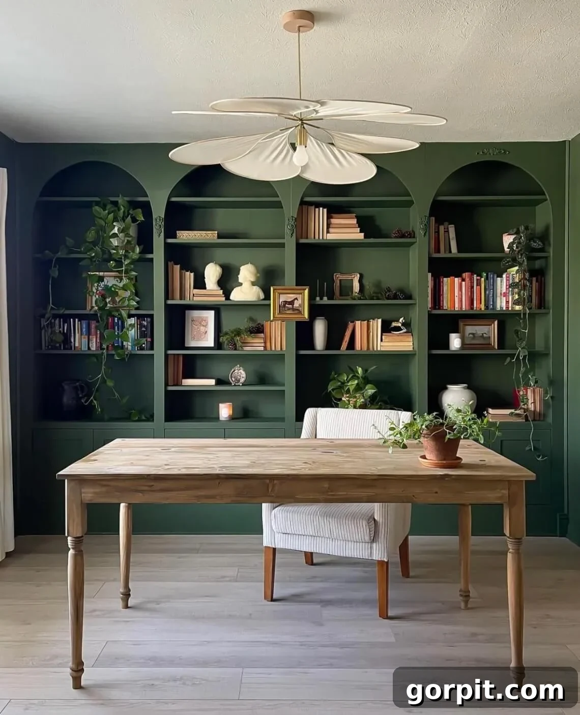 Transform Your IKEA: Bookshelf & Cabinet Built-In Hacks 11 An inspiring home office features lush green IKEA bookcases spanning the entire wall behind the desk. Arches have been cleverly added to the bookcases, transforming them into elegant built-ins, creating a sophisticated and personalized workspace.
