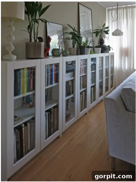 Transform Your IKEA: Bookshelf & Cabinet Built-In Hacks 4 A row of pristine white, medium-height IKEA bookcases fitted with stylish glass doors. The tops are beautifully adorned with plants, framed photographs, and a tasteful lamp. A cozy couch is visible in front, complementing the elegant storage solution.