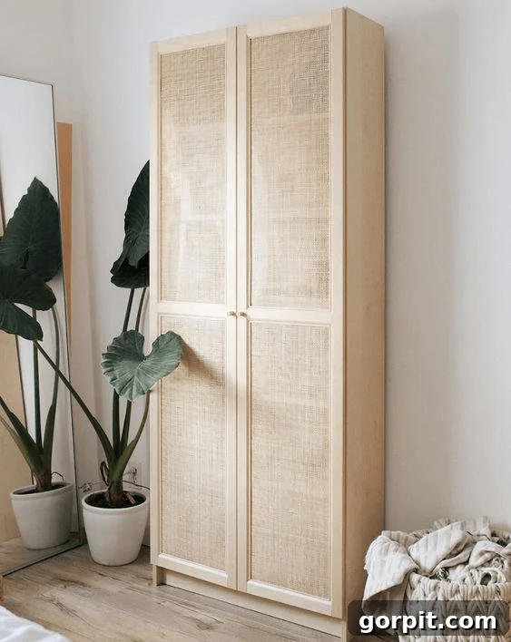 Transform Your IKEA: Bookshelf & Cabinet Built-In Hacks 5 A stunning cane door IKEA bookcase hack, beautifully styled next to a vibrant large floor plant and a chic full-length mirror, showcasing a sophisticated textural upgrade.