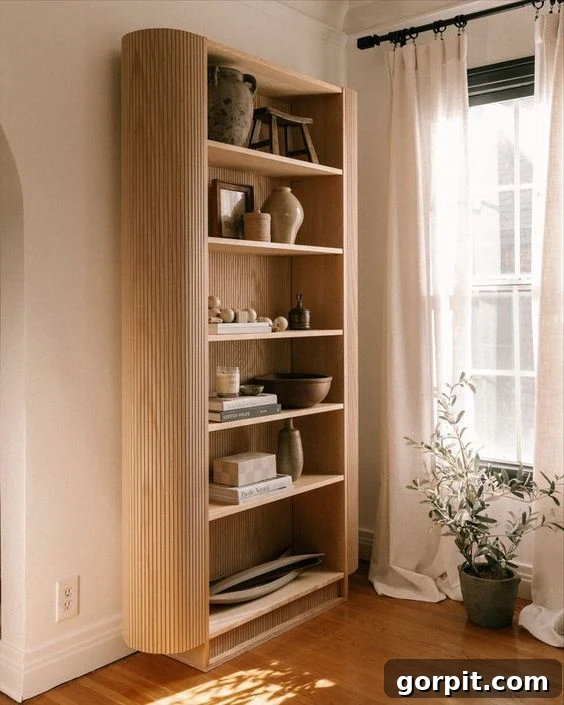 Transform Your IKEA: Bookshelf & Cabinet Built-In Hacks 6 A beautifully transformed pole-wrap Billy bookcase IKEA hack stands elegantly next to a soft, light beige floor-length curtain, showcasing a unique textural upgrade.