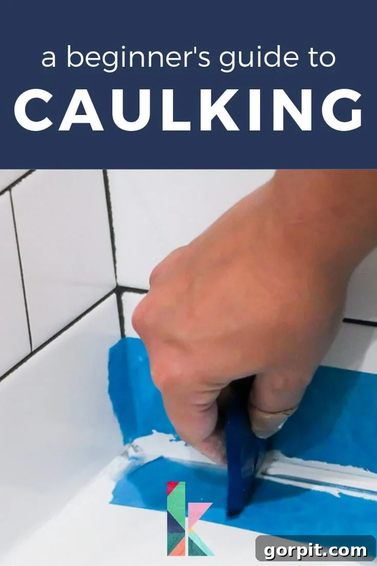 A hand uses a scraper to prepare a bathtub for caulking. The image title highlights 'A Beginner's Guide to Caulking.'