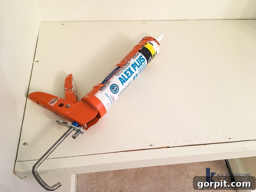 A DAP Alex Plus caulk gun sits on a shelf, ready for a caulking demonstration.