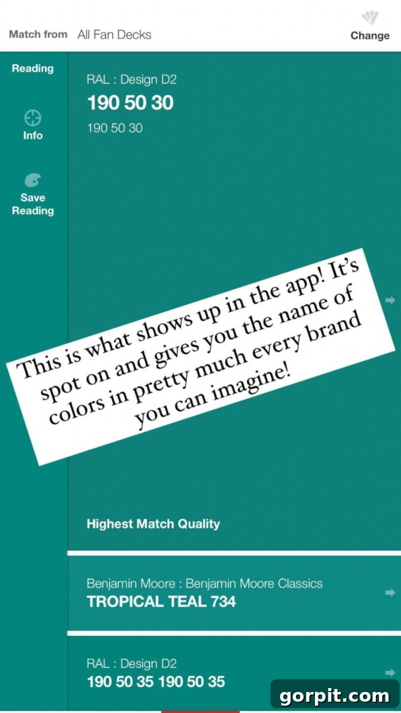 Screenshot from a ColorReader app displaying potential paint matches after analyzing a wall color, showing color swatches and associated brand names.