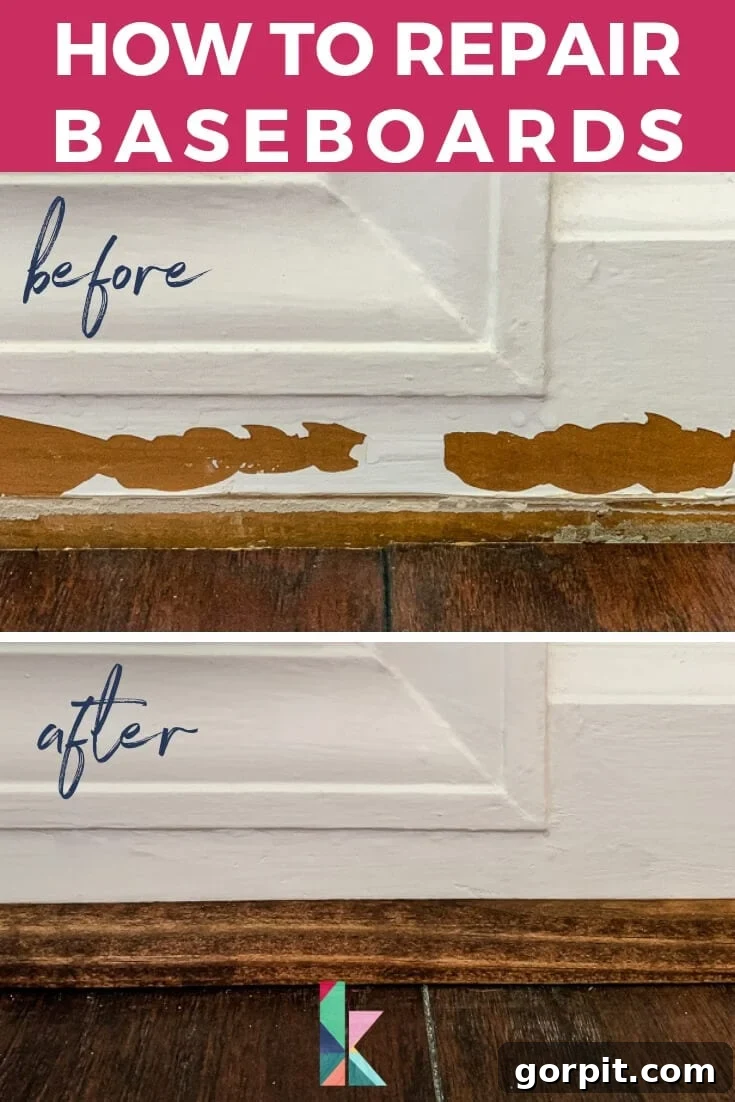 Easy Ways to Repair Chipped Baseboards 2 How to repair damaged baseboards: Before and after transformation, showcasing a newly repaired and painted baseboard