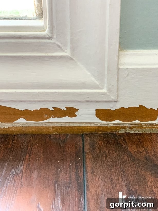 Easy Ways to Repair Chipped Baseboards 10 Damaged baseboard molding before repair with chips and peeling paint, highlighting the contrast with a clean baseboard