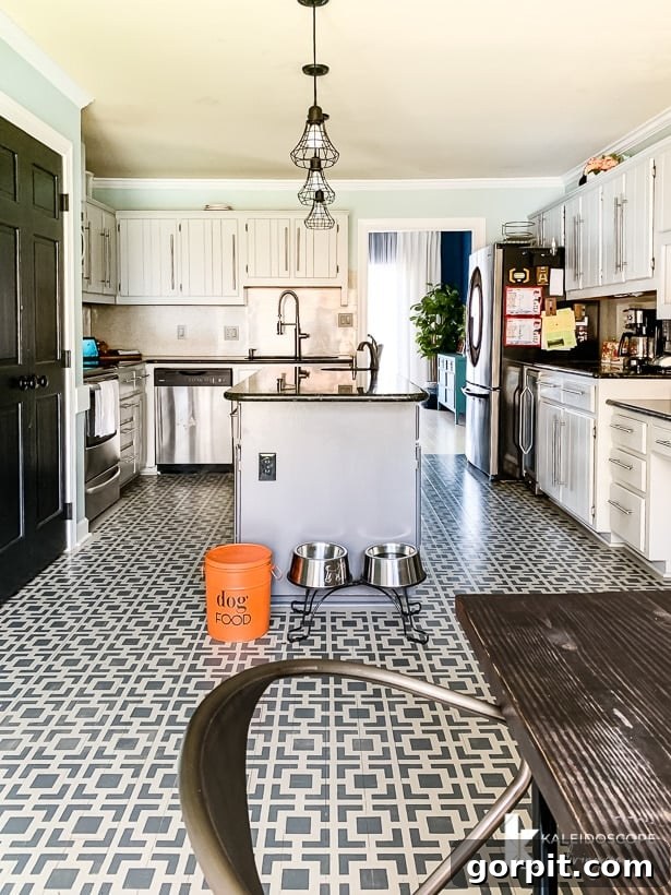 Vibrant Kitchen Transformation Unveiled 5 gray kitchen with painted and stenciled floors, a budget-friendly intermediate makeover