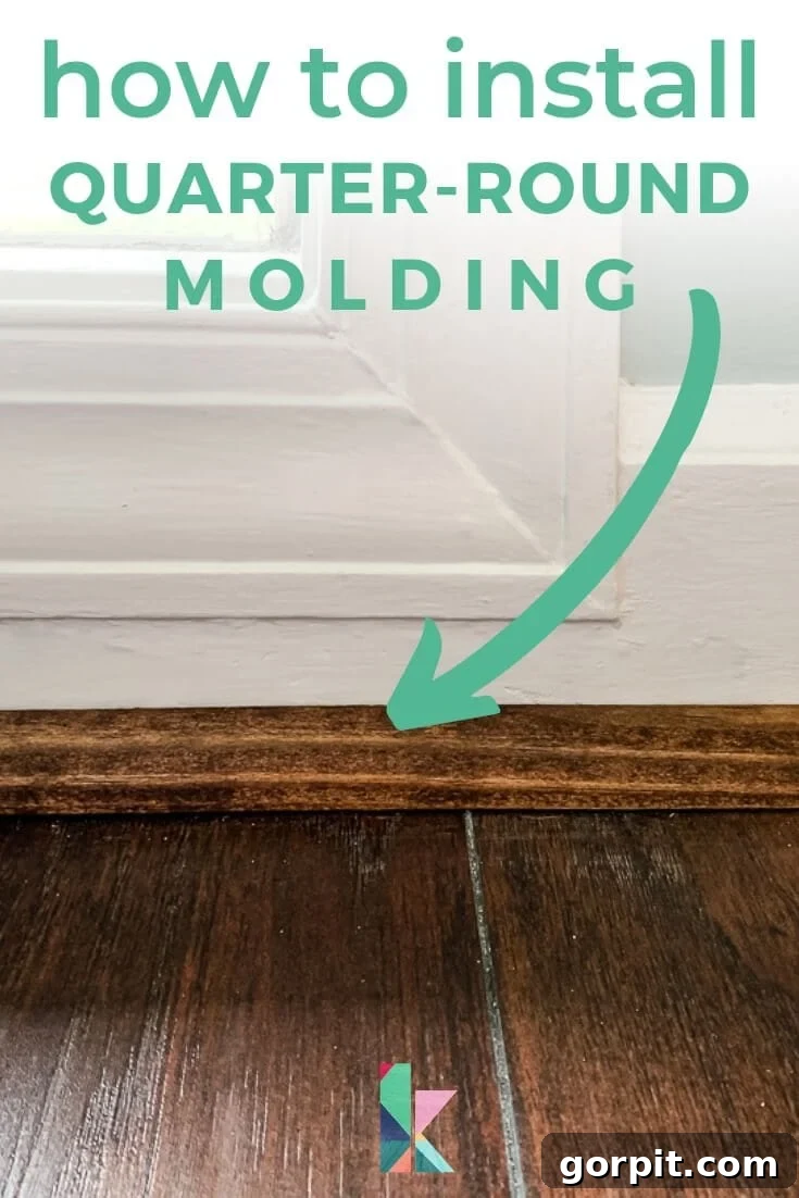 Your Guide to Perfect Quarter-Round Molding 2 Close-up of quarter round molding on a white wall. A green arrow points to the molding and large text reads, "How to install quarter round molding." Learn how to install quarter round molding for a professional floor finish.