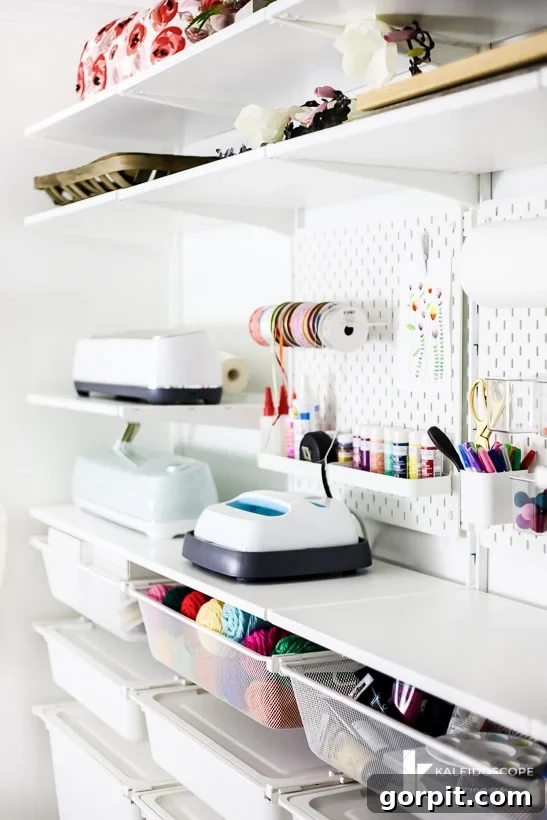 Craft room organization featuring the versatile IKEA Algot system, showcasing ample storage for various craft supplies.
