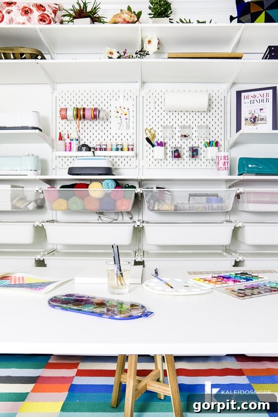 Detailed view of IKEA Algot craft room storage, highlighting organized drawers and shelves for creative supplies.