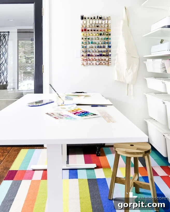 Craft room featuring extensive organization and storage solutions, highlighting a practical and inspiring creative environment.