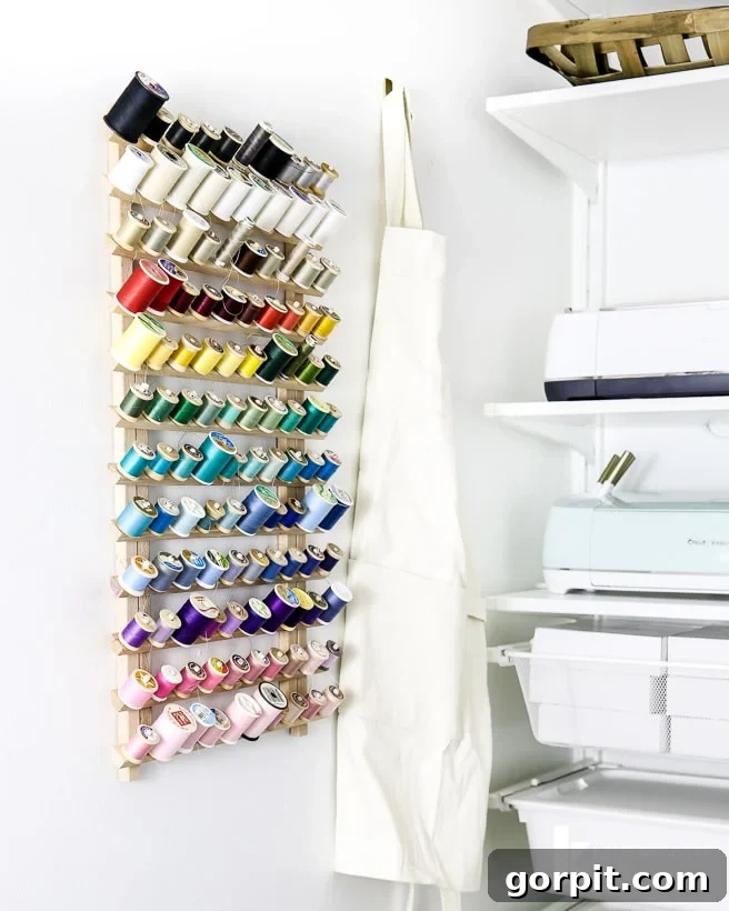 Beautifully organized sewing thread spools, arranged by color on a wall for easy access and a decorative display.