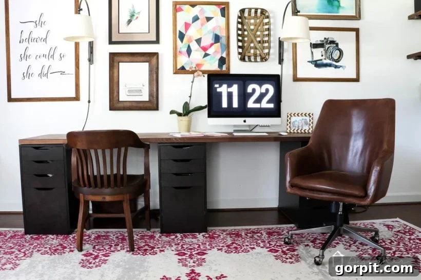 Former home office with an IKEA desk and industrial farmhouse decor before the makeover.