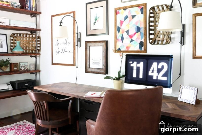Previous home office featuring industrial bookshelves and a darker color palette.
