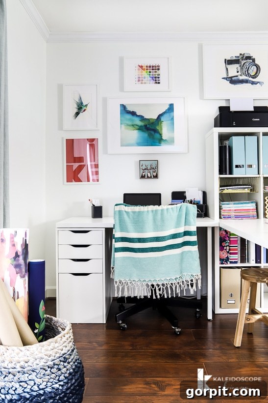 Modern home office with IKEA furniture, showcasing a minimalist yet colorful and feminine aesthetic.