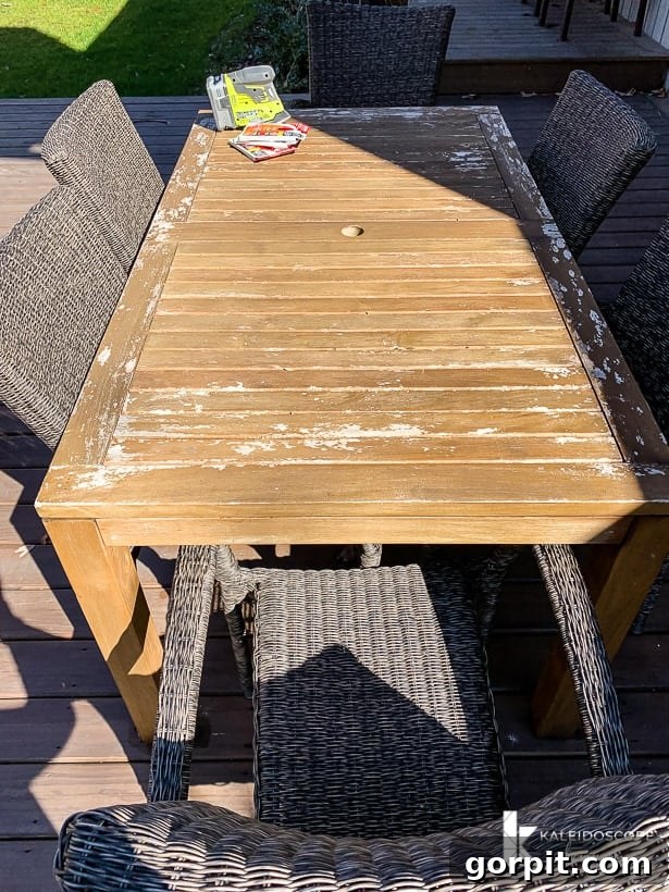 Bring Your Teak Back to Life: 4 Simple Steps 5 Worn outdoor teak table with peeling finish