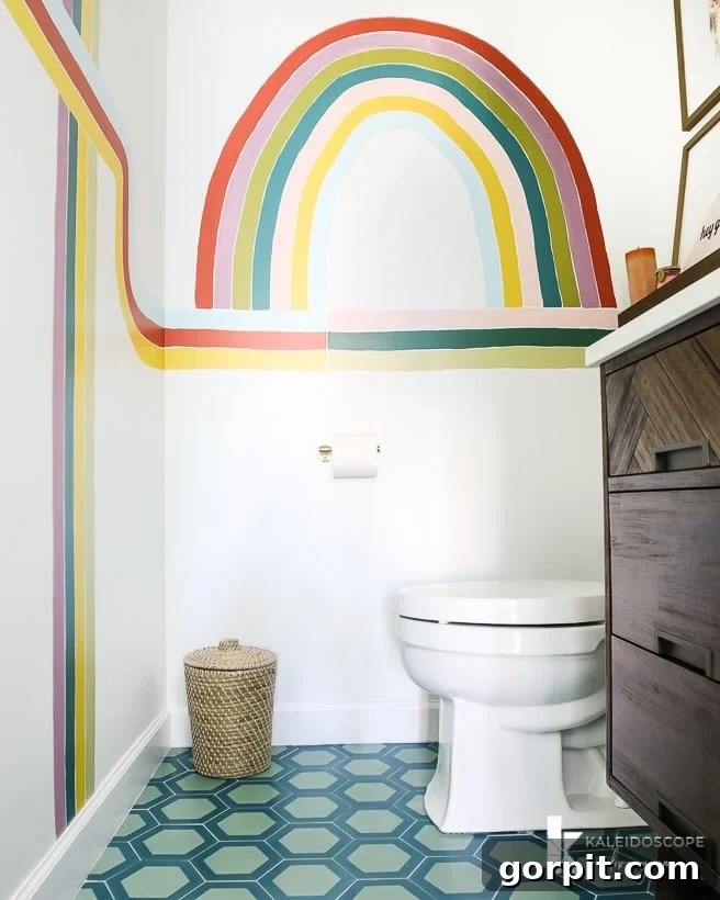 Colorful modern powder room renovation, showcasing the overall bright and inviting atmosphere.
