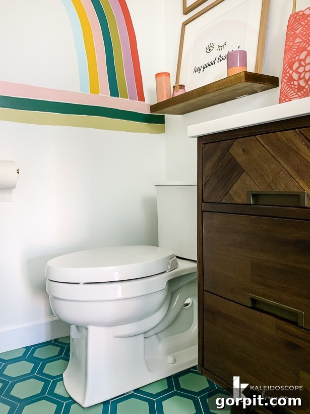 Kohler toilet with a modern square base in a colorful and stylish bathroom.