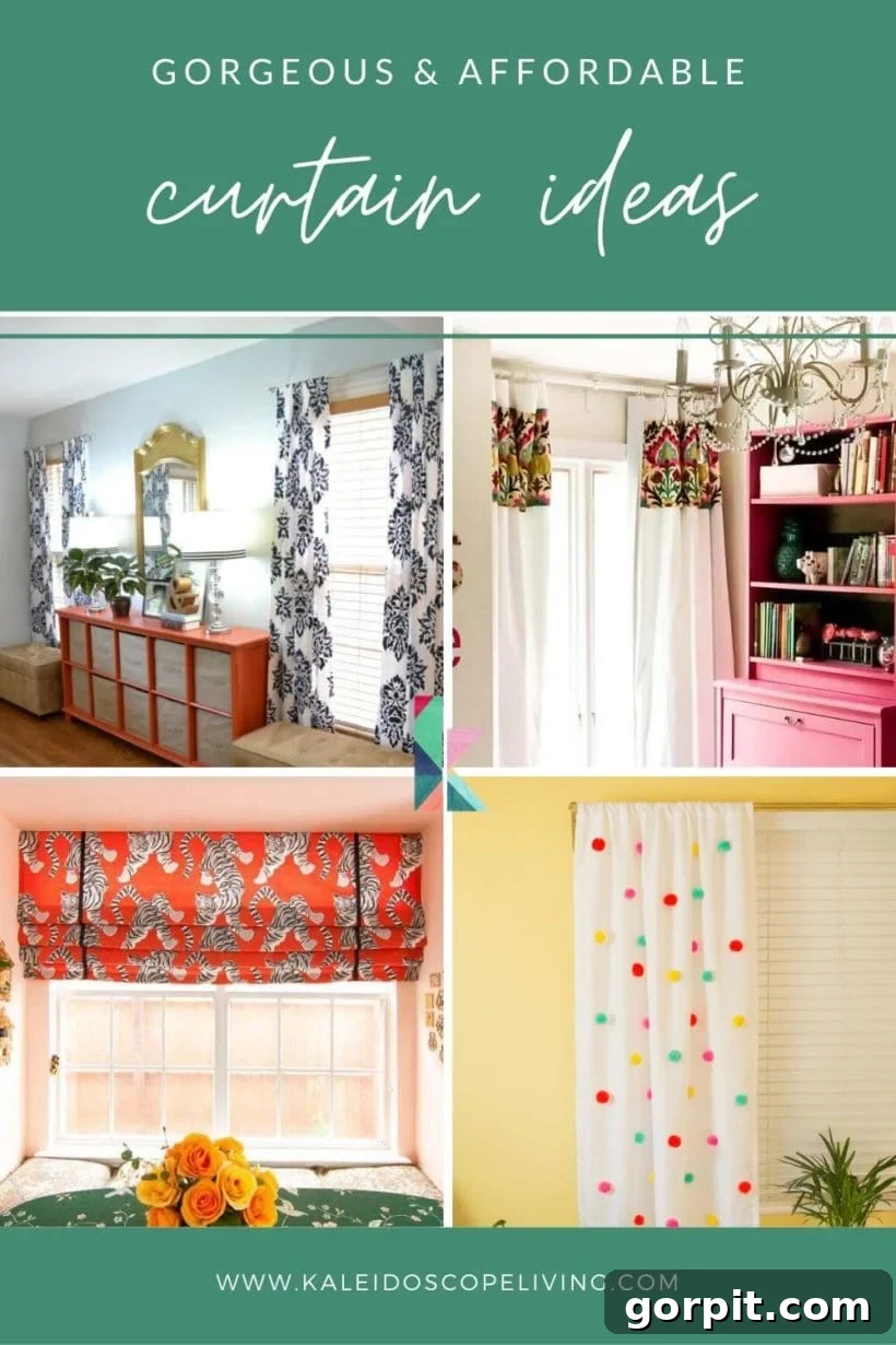 A vibrant green banner highlights four distinct DIY curtain styles in sunny rooms, with text proclaiming "Gorgeous and Affordable Curtain Ideas." These homemade curtains showcase creative and budget-friendly window treatment solutions.