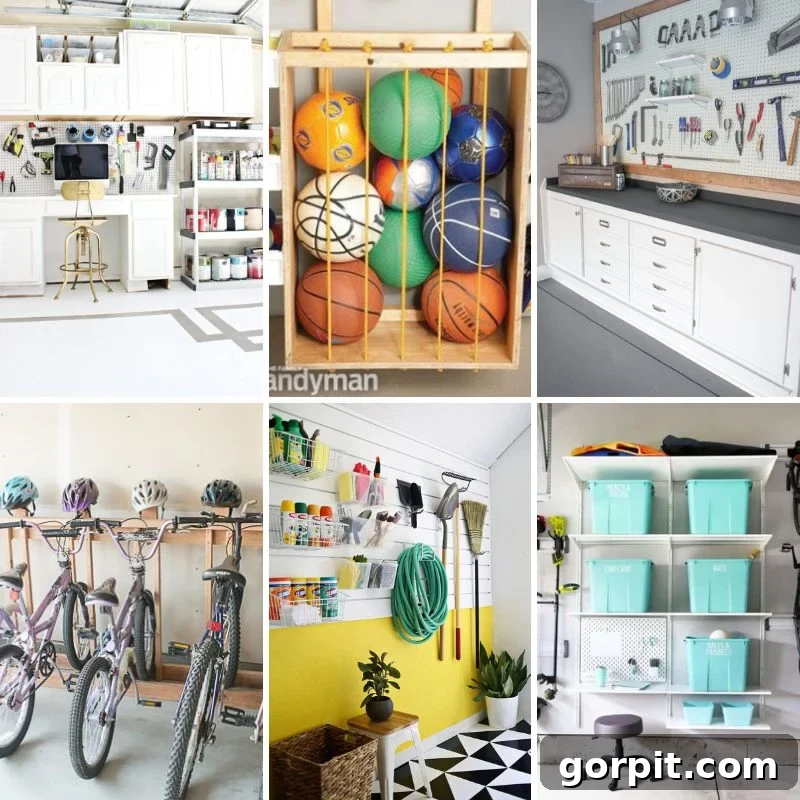 collage image of 6 different garage organization ideas