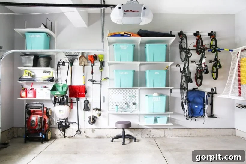 image of organized garaged with shelves, bike rack and yard tool storage