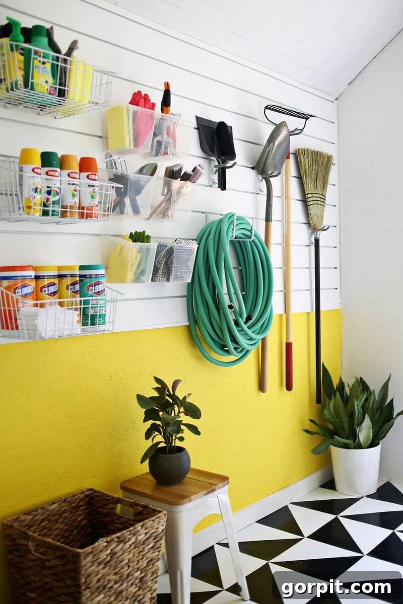 colorful garage with slat wall organization system