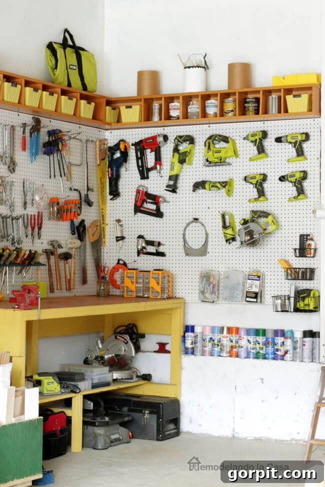 corner garage storage with pegboard and DIY shelves